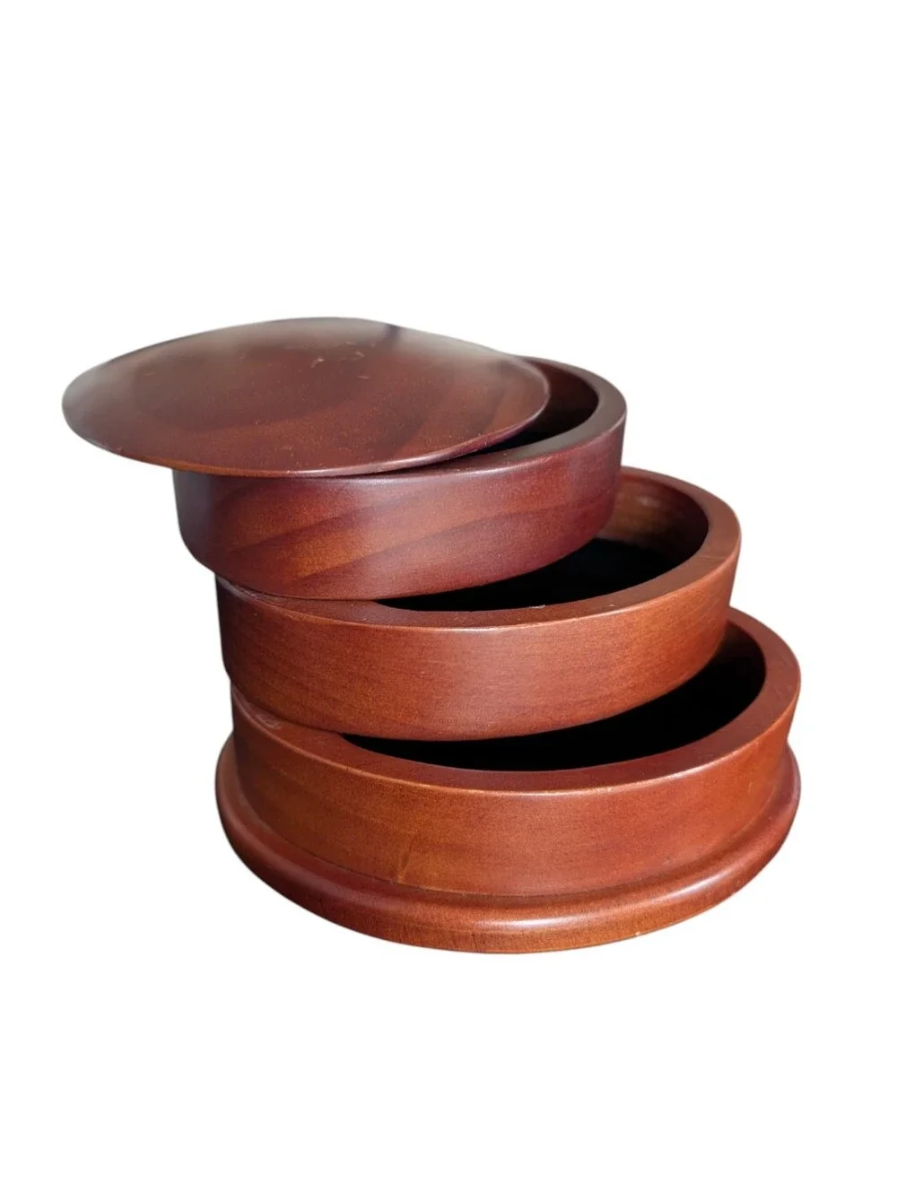 Vintage 3 Tier, Wooden, Swivel, Velvet Lined, Oval Jewelry Box.